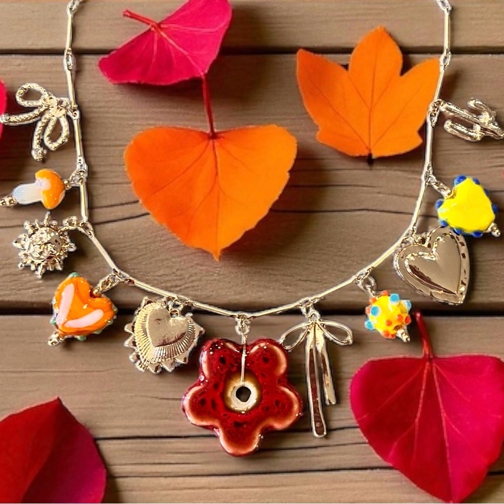 Vibrant Gold Toned Autumn inspired charm necklace Glass Ceramic Enamel charms - Picture 4 of 17